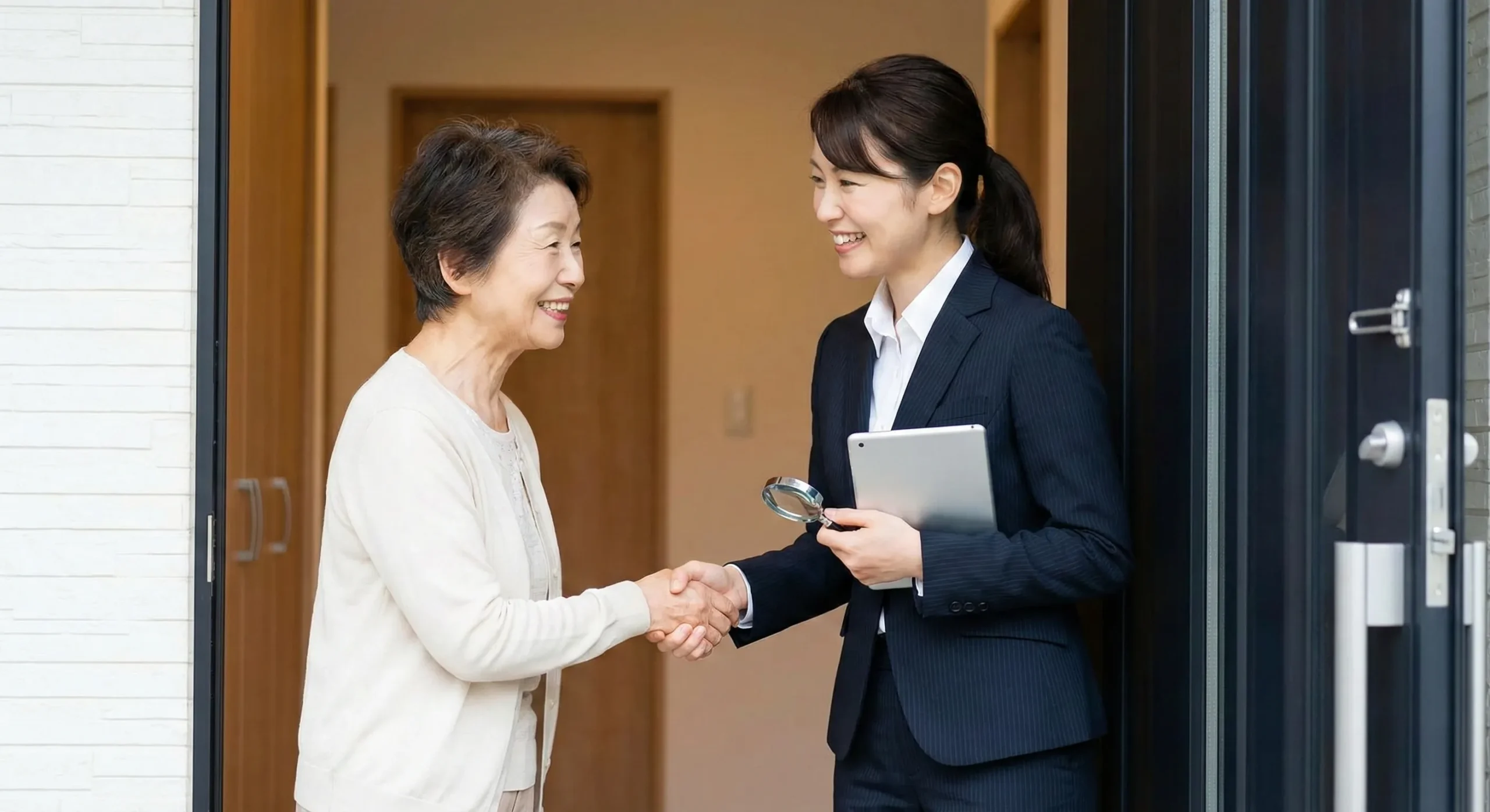 笑顔の査定員が玄関で対応している様子